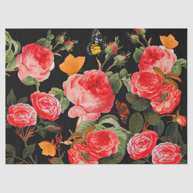 Papier Mousseline ROSES ROUGES ET BOUTEILLES JAUNES Floral noir (Recto)