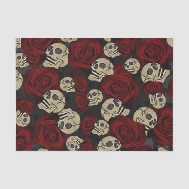 Papier Mousseline Roses rouges et crânes floral gothique gris noir (Recto)