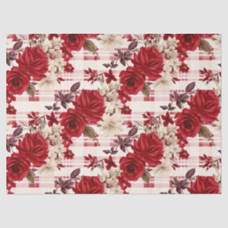Papier Mousseline Roses rouges plaies fleurs blanches