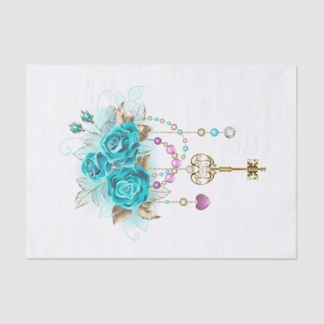Papier Mousseline Roses turquoise avec touches (Recto)