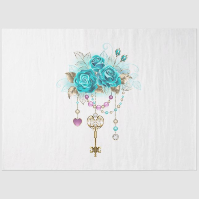 Papier Mousseline Roses turquoise avec touches (Recto)