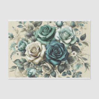 Papier Mousseline Roses turquoises et blanches