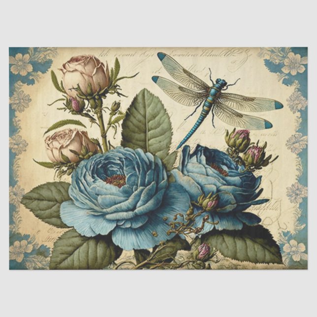 Papier Mousseline Roses vintages et découpage de libellules (Recto)