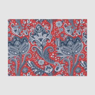 Papier Mousseline Rouge Blanc & Bleu Floral Paisley Bohème Boho