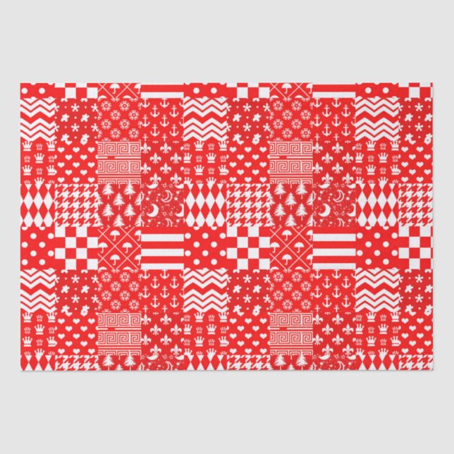 Papier Mousseline Rouge blanc Mixte Motif Patchwork Design (Recto)