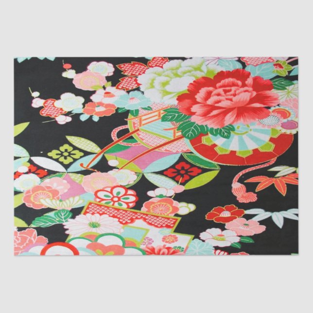 Papier Mousseline Rouge Blanc Noir Japonais Kimono Floral Découpage (Recto)