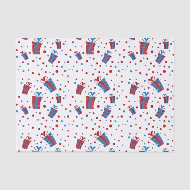 Papier Mousseline Rouge, cadeaux bleus blancs de confettis (Recto)