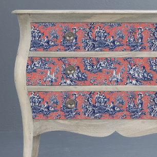 Papier Mousseline Rouge Corail Vintage Toile de Jouy Floral Bleu