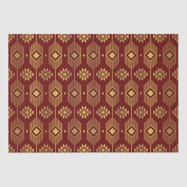 Papier Mousseline Rouge et or ethnique ikat motif géométrique (Recto)