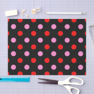 Papier Mousseline Rouge et rose sur fond noir à pois design