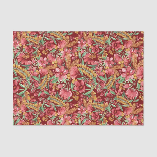 Papier Mousseline Rouge Golden Jaune Vert Aquarelle Fleurs Motif (Recto)