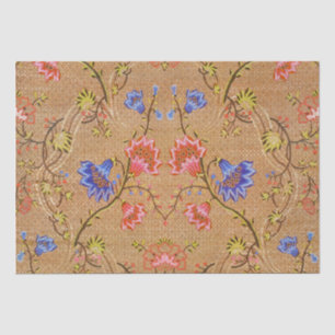 Papier Mousseline Rouge Impérial et Or Broderie Florale en Soie Inte
