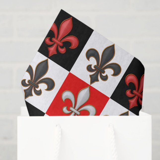 Papier Mousseline Rouge Noir Blanc À damiers Fleur de lis Design (Créateur téléchargé)