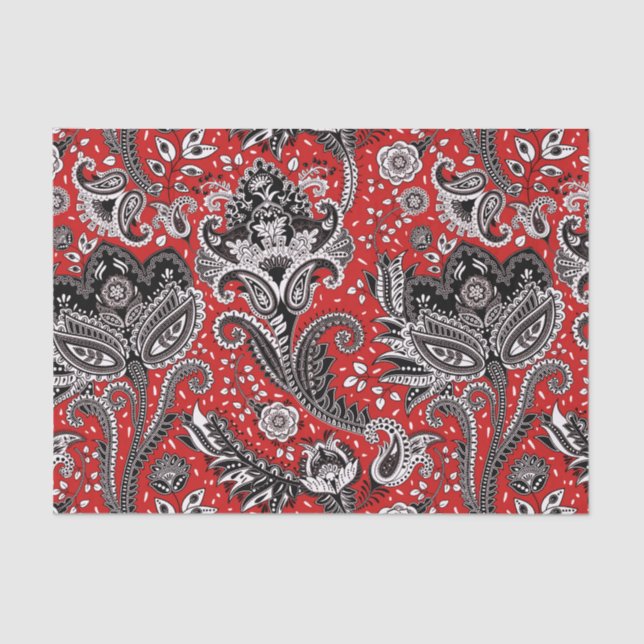 Papier Mousseline Rouge noir et blanc Floral Paisley Bohemian Boho (Recto)