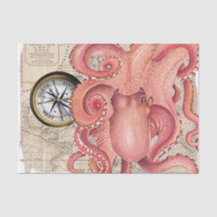 Papier Mousseline Rouge Octopus Kraken Carte Vintage Compass Nautiqu