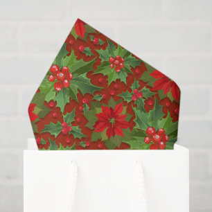 Papier Mousseline Rouge Poinsettia Holly Floral   Noël