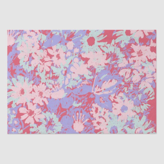 Papier Mousseline Rouge Rose Aqua Violet Peint Jardin Fleurs Design (Recto)