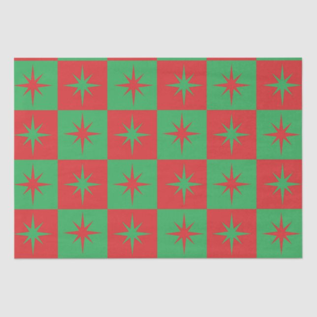 Papier Mousseline Rouge vert à damiers rétro starburds de Noël (Recto)