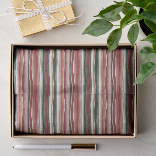 Papier Mousseline Rouge Vert Blush Blanc Or Rayures Anniversaire (Cadeau)