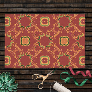 Papier Mousseline Rouge Vert élégant Classé Vintage Baroque Motif