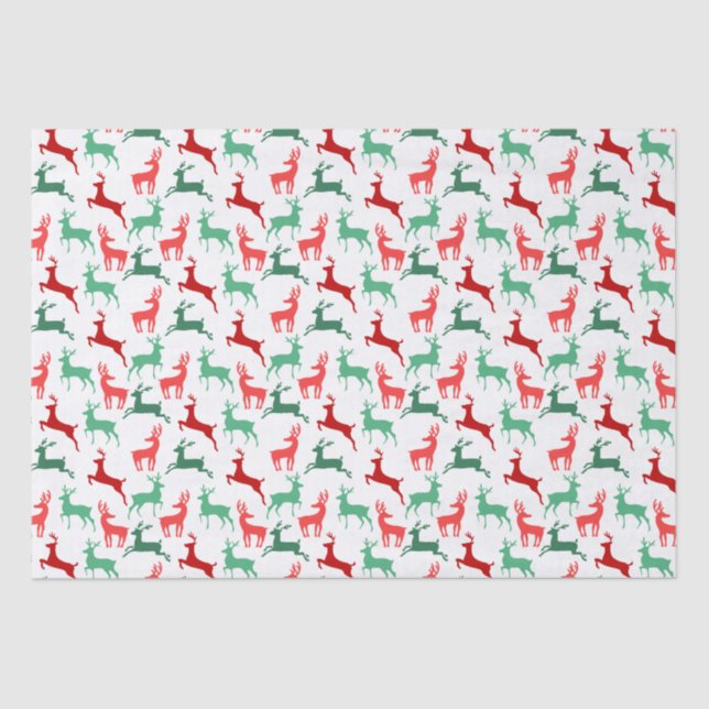 Papier Mousseline Rouge Vert Noël Reindeer Motif Blanc (Recto)