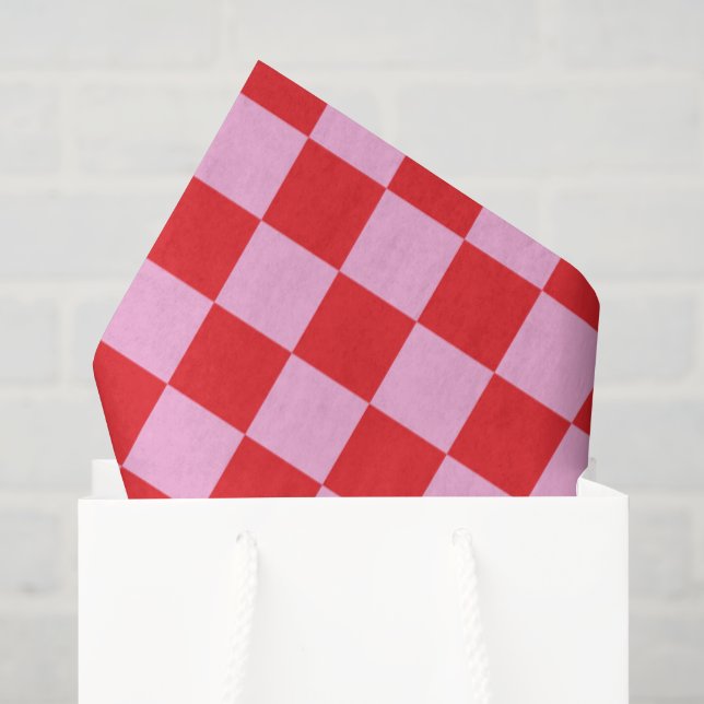 Papier Mousseline Rouge vif et rose clair à carreaux (Sac cadeau)