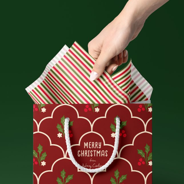 Papier Mousseline Rouges et Verts Forêt Rayures (Traditional Christmas style red, forest green, and ivory striped tissue paper for gift bags and more)