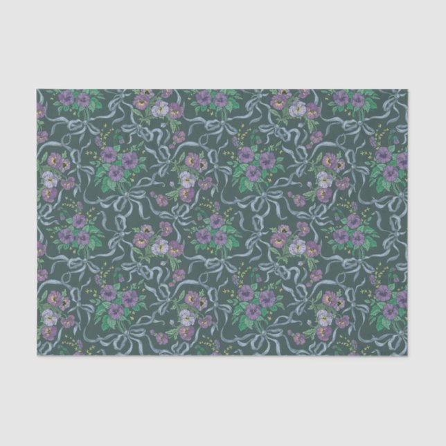 Papier Mousseline Rubans Bleus en Acier aux Pansies Violettes de Sty (Recto)