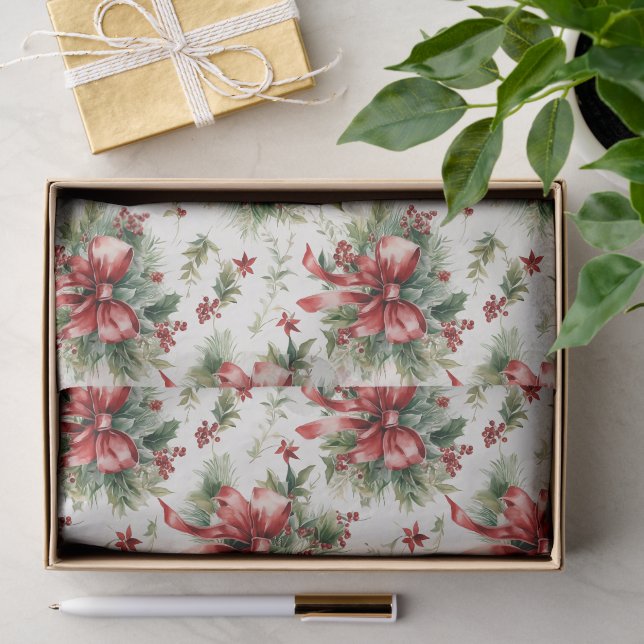 Papier Mousseline Rubans rouges et feuilles de houx (Cadeau)