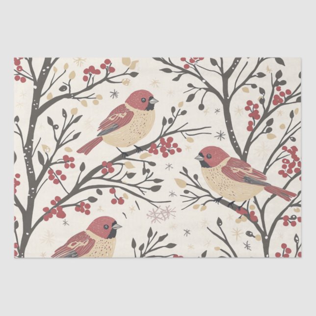 Papier Mousseline Rustic Bird et Poinsettia Motif de Noël (1) (Recto)
