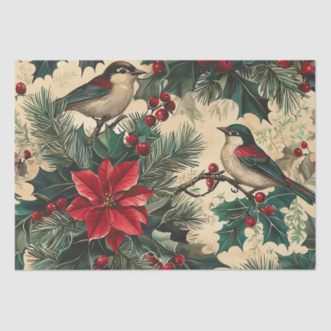 Papier Mousseline Rustic Bird et Poinsettia Motif de Noël (12) (Recto)