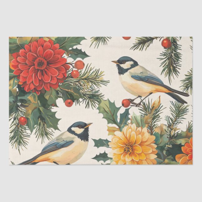 Papier Mousseline Rustic Bird et Poinsettia Motif de Noël (9) (Recto)