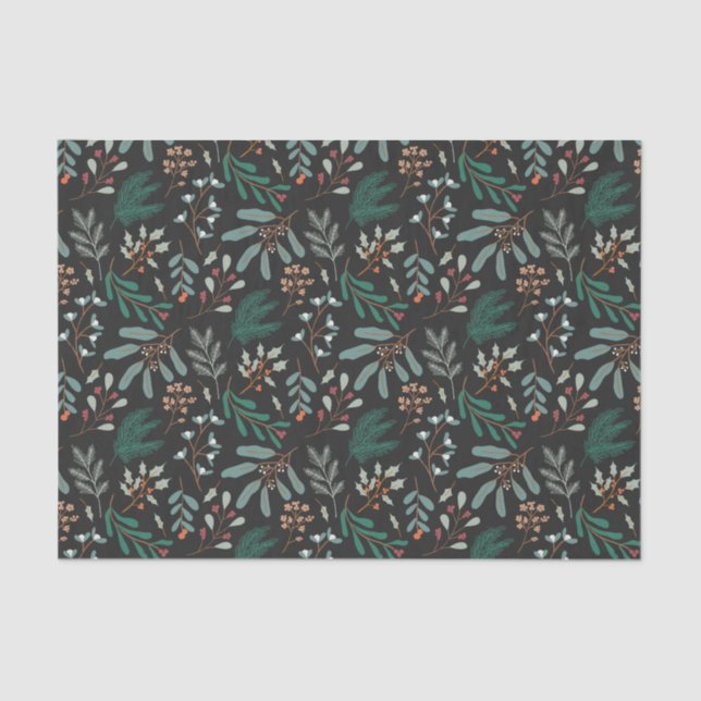Papier Mousseline Rustic Black Christmas Foliage Pattern (Recto)