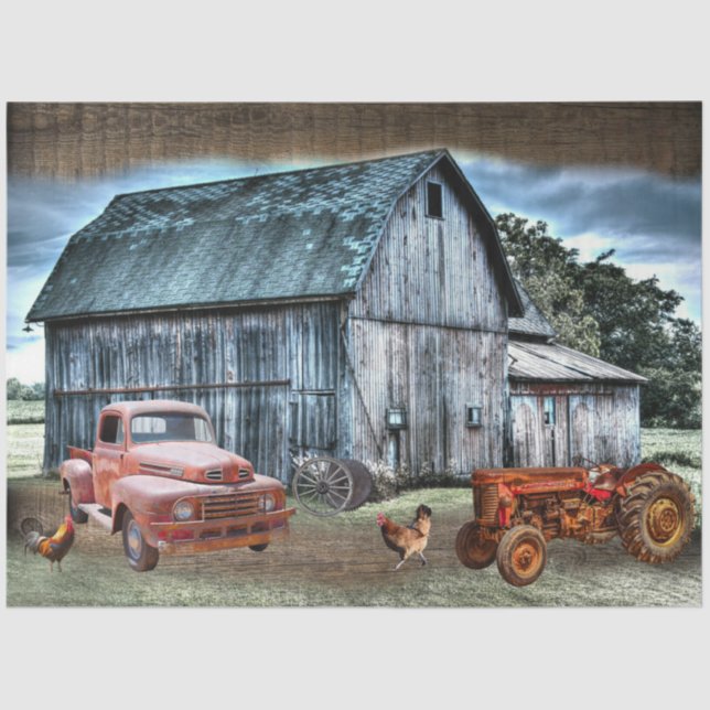 Papier Mousseline Rustic Grange Vintage Tracteur Camion Farm (Recto)