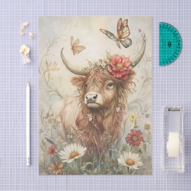 Papier Mousseline Rustic Highland Cow With Butterfly Decoupage (Artisanat)