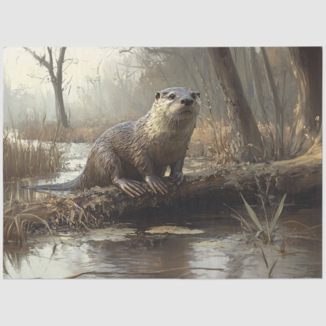 Papier Mousseline Rustic River Otter Faune Peinture Découpage (Recto)