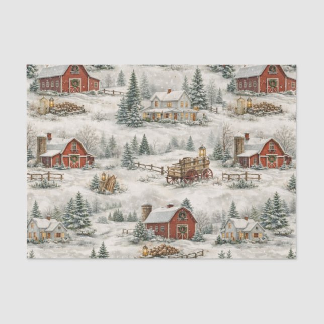 Papier Mousseline Rustic Snow Covered Farmhouse Winter Pattern (Recto)
