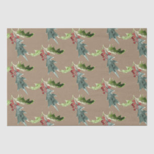 Papier Mousseline Rustique Kraft Noël Floral Holly Red Berries