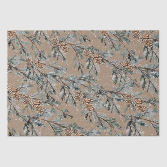 Papier Mousseline Rustique Kraft Snowy Blue Juniper Branches et cône (Recto)