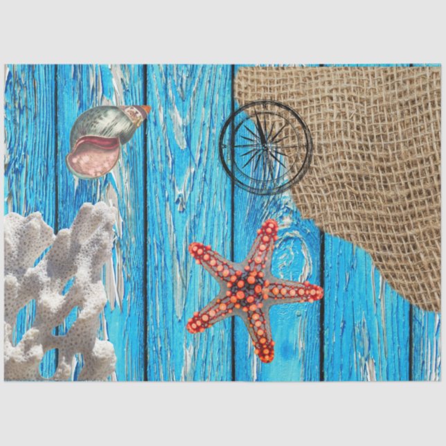 Papier Mousseline Rustique Nautique Bleu Burlap Starfish (Recto)