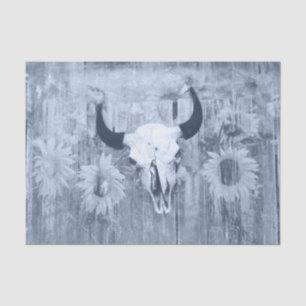 Papier Mousseline Rustique Western Bull Skull Dusty Blue Sunflowers