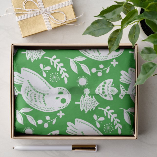 Papier Mousseline Sage Chouette Art Populaire Vert Vacances (Cadeau)