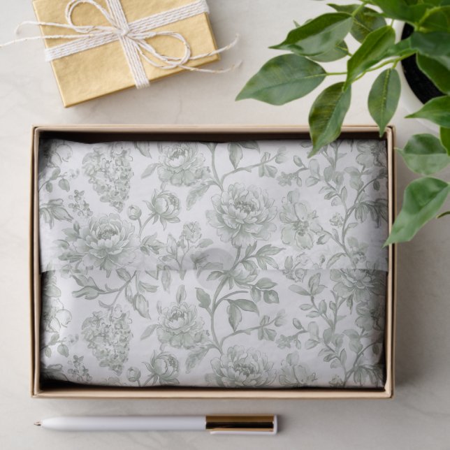 Papier Mousseline Sage Green Floral Vintage Toile Pattern  (Cadeau)