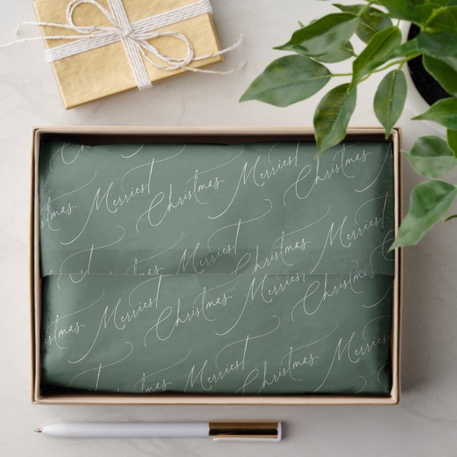 Papier Mousseline Sage Green Modern Script Merriest Christmas (Cadeau)