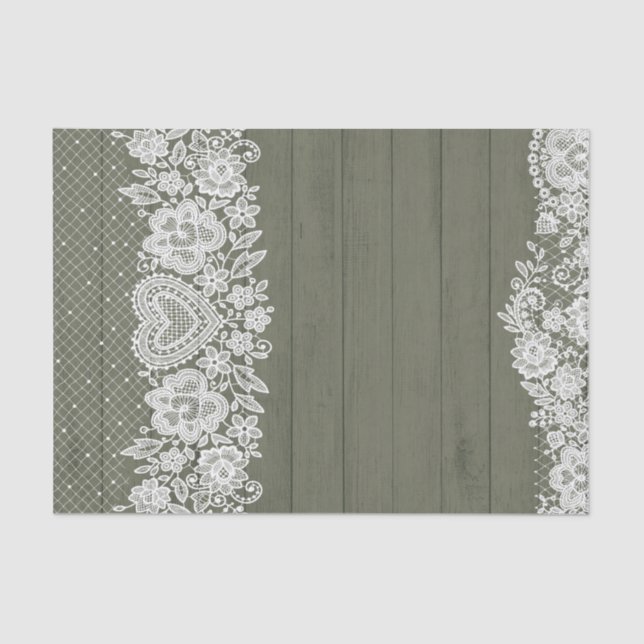 Papier Mousseline Sage Green Rustique Bois et blanc dentelle Lacy Fa (Recto)