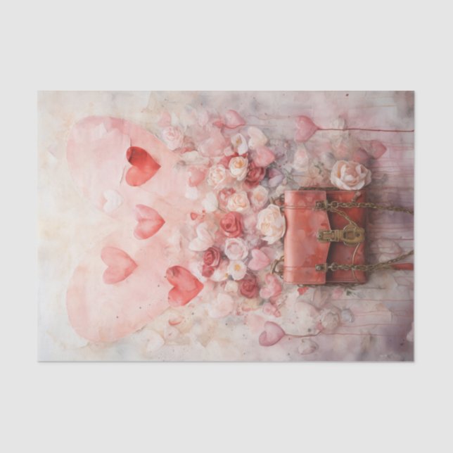 Papier Mousseline Saint Valentin Coeurs et Roses roses et rouges (Recto)