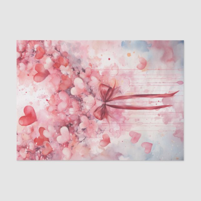 Papier Mousseline Saint Valentin Coeurs rose et rouge et ruban (Recto)