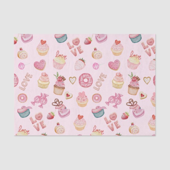 Papier Mousseline Saint Valentin Sucres et Cupcakes rose (Recto)
