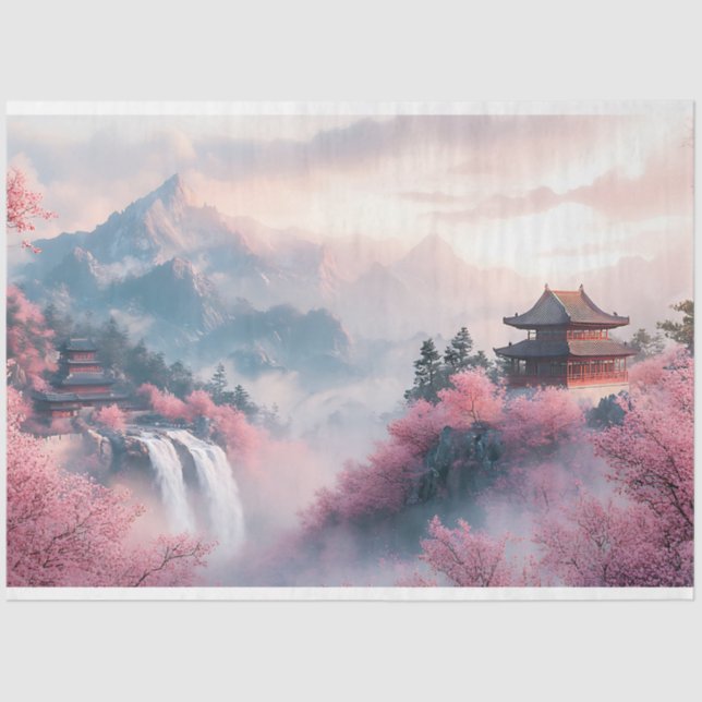 Papier Mousseline Sakura flammes et temples japonais (Recto)