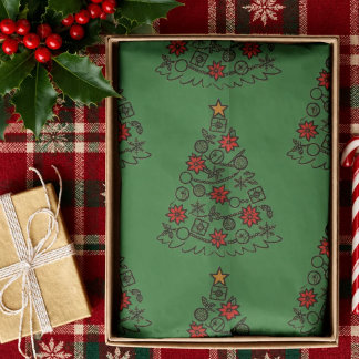 Papier Mousseline Sapin de Noël simple avec Poinsettia sur fond vert